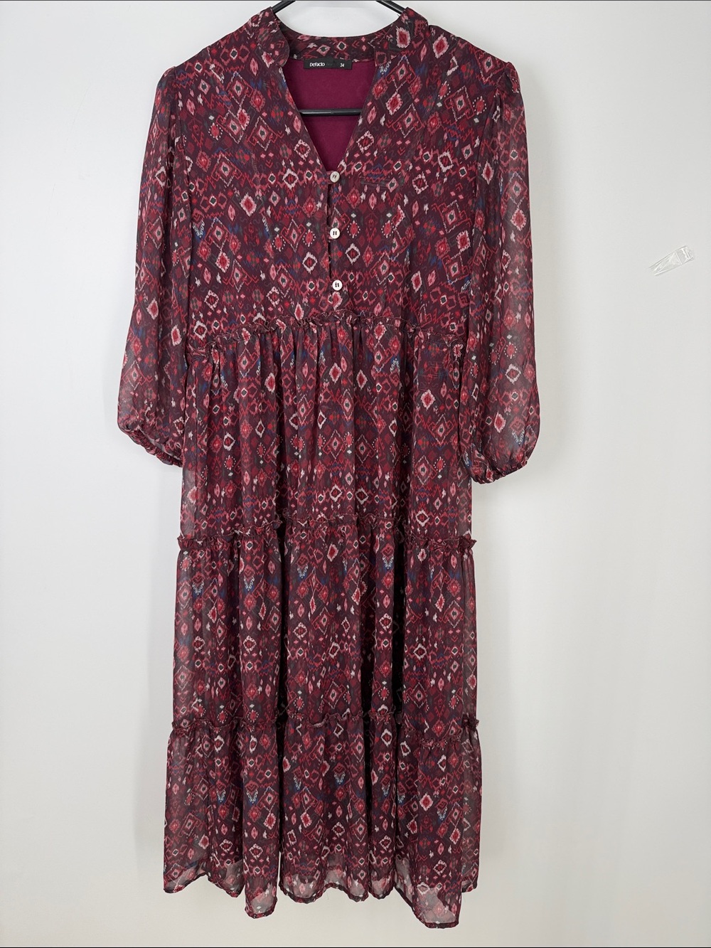 Defacto Boho Tiered Midi Dress - Burgundy Print size 34/ US size 2